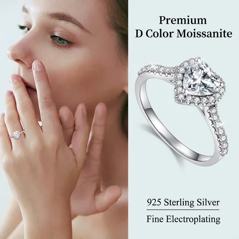 Luxury 925 Sterling Silver Moissanite Heart Engagement Ring For Women Double Layer Halo Wedding Bridal Jewelry