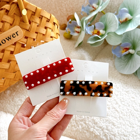 Elegant Rectangular Acetate Duckbill Hair Clips With Inlaid Artificial Pearls Tortoiseshell Pattern Side Bangs Barrette For Women