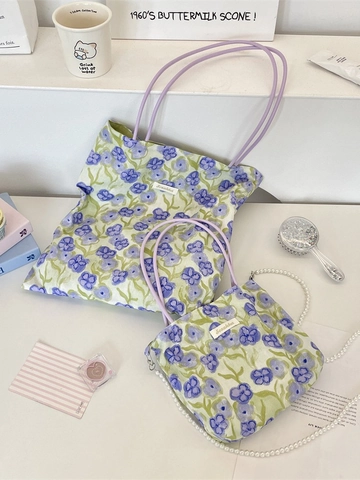 Floral Tote Bag Canvas Fabric With Artificial Pearl Chain Decoration For Women Daily Use Fresh Artistic Style Purple Iris Print