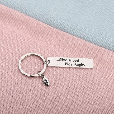 Rugby Ball Keychain Stainless Steel Engraved Tag Give Blood Play Rugby Sports Souvenir Gift For Men Women Silver