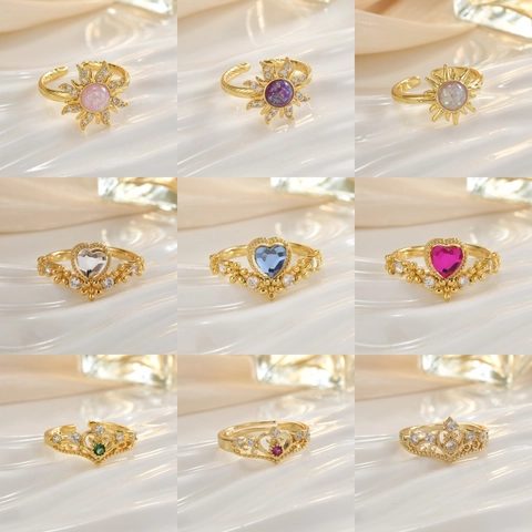 Adjustable Rings For Women Copper Zircon Sun Crown Heart Geometric Design Fashion Jewelry Accessory