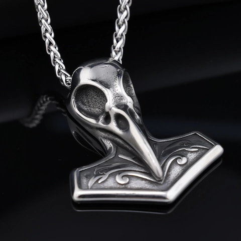 Collana Pendente Martello Di Thor Mjolnir Teschio Di Corvo Vichingo Acciaio Inossidabile Gotico Vintage Runa Nordica Uomo