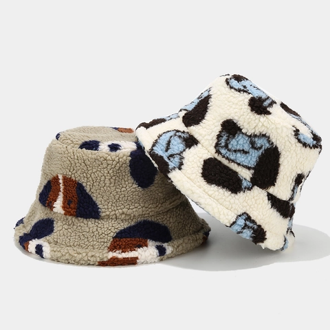 Chapeau De Seau D'Hiver Chaud Fausse Laine D'Agneau Épaissi Motif Vache Animal Chapeau De Pêcheur Femmes Hommes