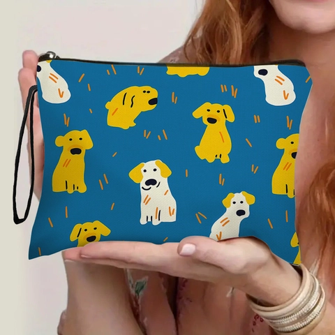 Tragbare Make-up-Tasche Aus Leinen Mit Cartoon-Hundemuster Kulturbeutel Mit Reißverschluss Niedliche Kosmetiktasche