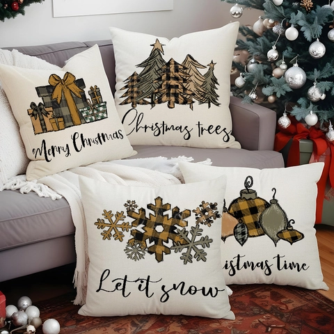 Weihnachts Deko Kissenbezüge Leinen Karomuster Schneeflocke Baum Kissenhülle Heim Sofa Deko Festliches Ornament