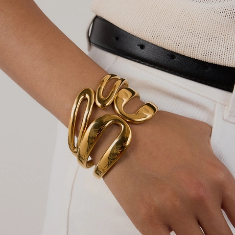 Stainless Steel Cuff Bracelet For Women Hollow Minimalist Geometric Mirror Polished Waterproof Jewelry Fashion Accessory