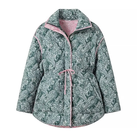 Women Paisley Print Quilted Padded Jacket With Detachable Sleeves Stand Collar Drawstring Waist Vintage Ethnic Coat