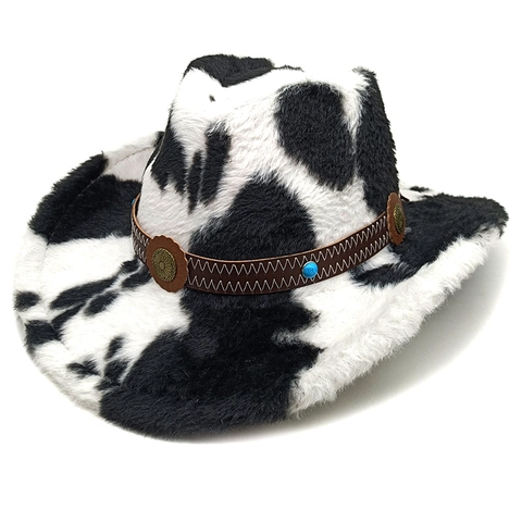 Chapeau De Cow-Boy Western Imprimé Vache Peluche Fausse Fourrure Avec Ceinture Perles Turquoise Fedora Rétro