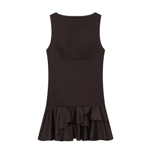 Vestido Mini Sin Mangas Para Mujer Cuello Barco Color Sólido Dobladillo Con Volantes Escalonados Ajustado Poliéster