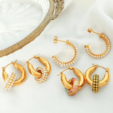 Hoop Earrings Gold Plated Stainless Steel Geometric Zircon Rhinestone Imitation Artificial Pearl Exaggerated Luxury Jewelry For Women