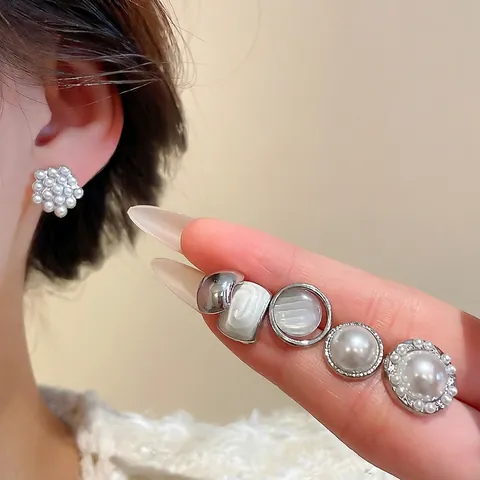 Elegante Oorknopjes Met Imitatieparels En Zirkonia Met Zilveren Oorsteker Voor Dames Franse Retro Geometrische Mode Sieraden
