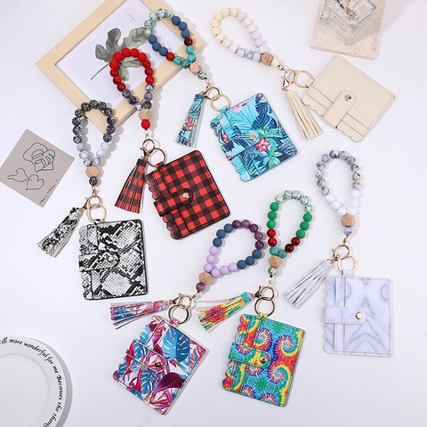 Keychain Card Holder Wristlet PU Leather Silicone Wooden Bead Bracelet Tassel For Women Fashion Elegant Anti-lost