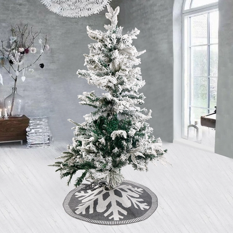 Jupe De Sapin De Noël Tricotée Motif Flocon De Neige Ronde Décoration De Fête Tapis De Base Gris Rouge