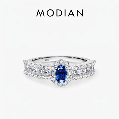 925 Sterling Silber Ring Mit Ovalem Blauem Saphir Funkelnde Zirkon Pavé Vintage Luxus Schmuck Für Damen