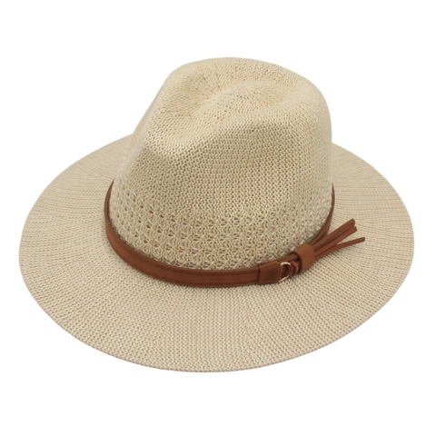 Women Straw Fedora Hat Summer Sun Protection Woven Panama Beach Cap With Tassel Belt Breathable Foldable