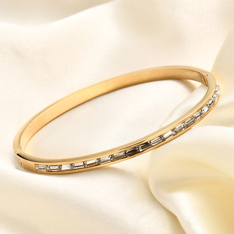 Brazalete Ovalado De Acero Inoxidable Con Circonita Baguette Incrustada Bisagra Joyería De Moda Minimalista