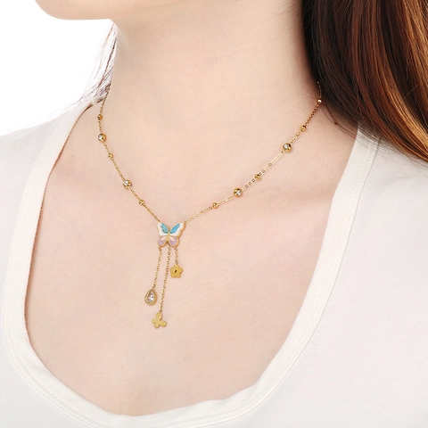 Collana Con Pendente A Farfalla E Nappa Acciaio Inossidabile Smalto Fiore Zircone Perla Artificial Gioielli Donna