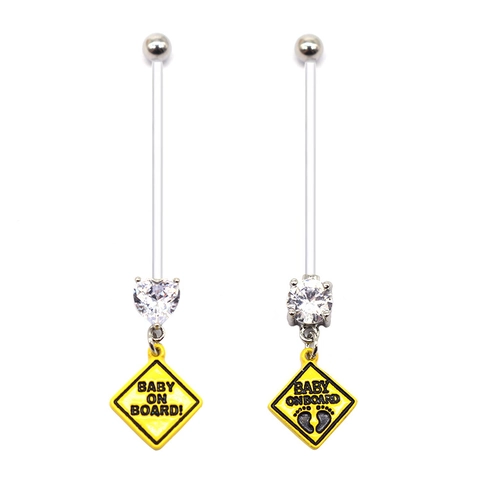 Zwangerschap Navelpiercing Flexibele Staaf Zirkonia Baby On Board Hanger Navel Ring Voor Zwangere Vrouwen