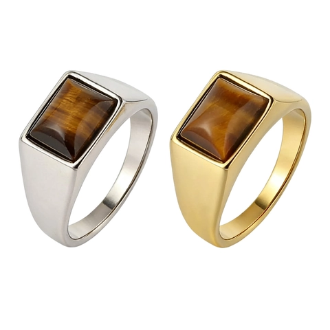 Men Signet Ring Stainless Steel Square Tiger Eye Faux Onyx Green Stone Vintage Geometric Retro Jewelry