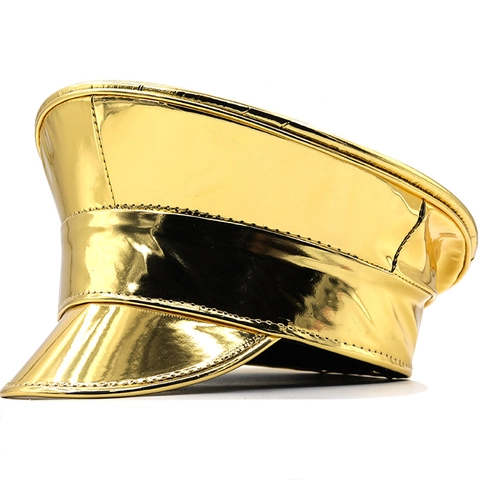 Cappello Da Capitano Militare In Pelle PU Lucida Metallico Olografico Berretto Da Festa Per Performance