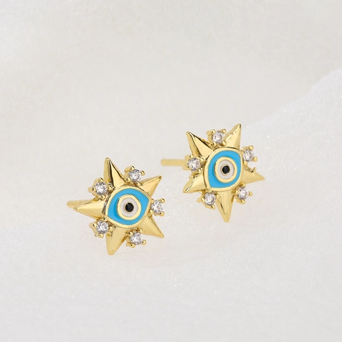 Boucles Oreilles Puces Mauvais Oeil Cuivre Plaqué Or Zircone Cubique Étoile Coeur Émail Bijoux Uniques Style Ins Femme