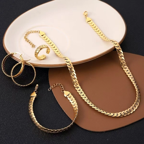 Stainless Steel Jewelry Necklace Bracelet Earrings Ring Flat Snake Chain Hip Hop Minimalist Women Gold Tone