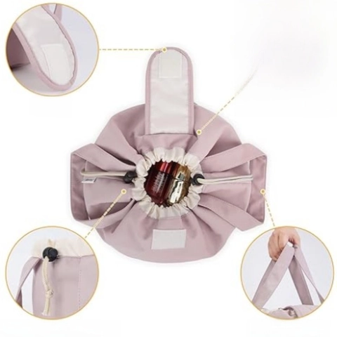 Drawstring Makeup Bag Large Capacity Waterproof Polyester Travel Cosmetic Storage Pouch Portable Barrel Design Women
