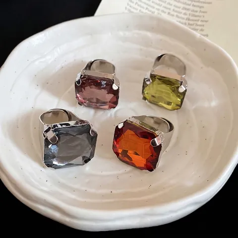 Vintage Oversized Square Rhinestone Statement Ring For Women Large Geometric Copper Cocktail Jewelry Adjustable Open