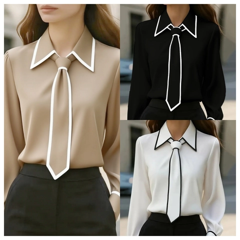 Femme Chemisier Pullover Manches Longues Avec Col Cravate Passepoil Contrasté Élégant Polyester Bureau Haut