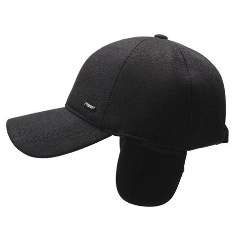 Men Winter Baseball Cap Thick Woolen Herringbone Warm Ear Flaps Hat Windproof Adjustable Outdoor Peaked Cap Solid