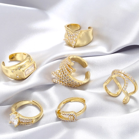 Anello in Rame Regolabile per Donna Zirconia Stella Geometrico Forma U Aperto Dito Anello Moda Gioielli Regalo Quotidiano