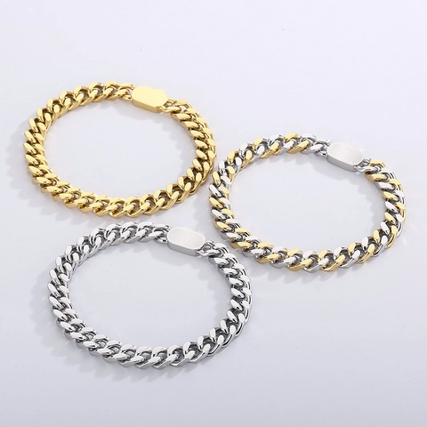 Men Cuban Link Chain Necklace And Bracelet Stainless Steel Hip Hop Rock Style Smooth Polished Fashion Accessory