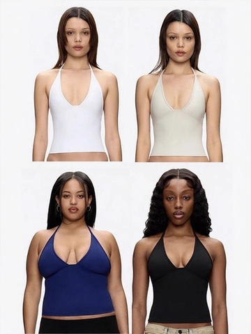 Halter Tank Top Deep V Neck Nylon Spandex Slim Fit Solid Color Crop Sexy American Style Streetwear For Women Top