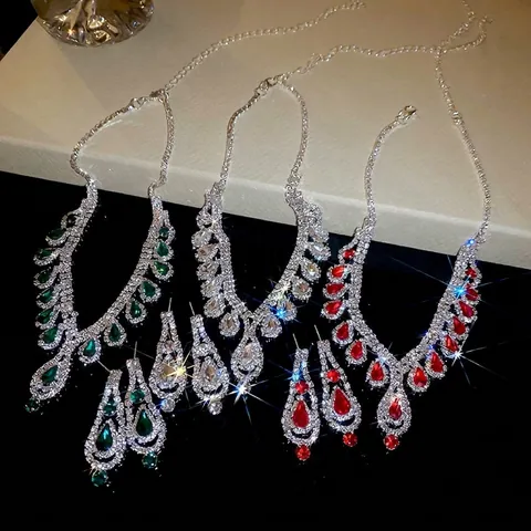 Collana E Orecchini In Rame Con Perno In Argento Strass A Goccia D'acqua Gioielli Da Sposa Stile Palazzo Per Donne