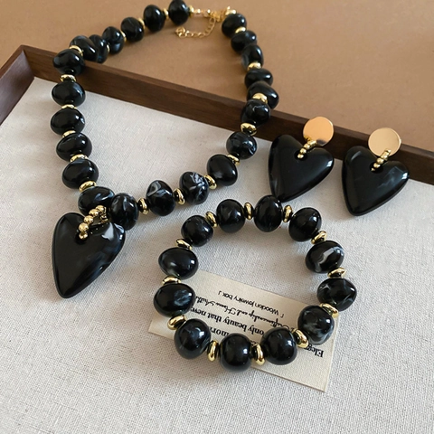 Acrylic Resin Marble Texture Heart Pendant Beaded Necklace Bracelet And Earrings With 925 Sterling Silver Earring Post