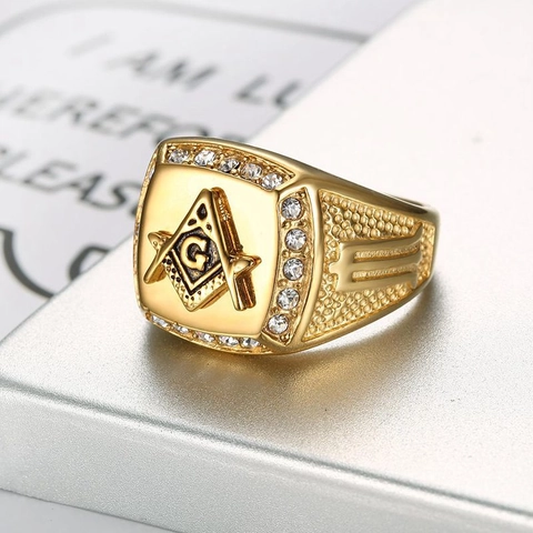 Bague Chevalière Maçonnique Homme Plaqué Or Acier Titane Vintage Hip Hop Zircone Cubique G Équerre Et Compas