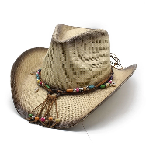 Western Cowboy Straw Hat Paper Sun Protection Wide Roll Brim Ethnic Bohemian Style Colored Beads Shell Tassels Holiday