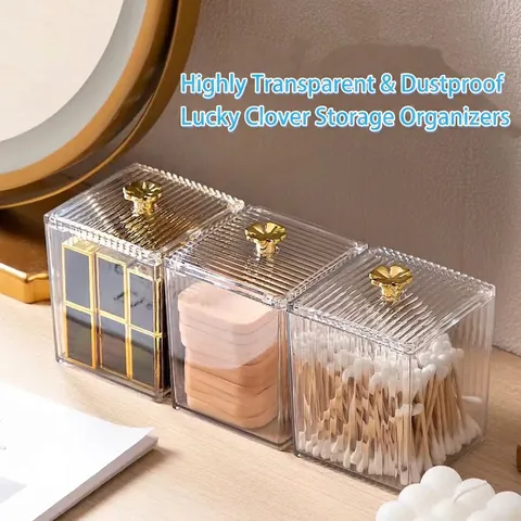 Transparente PET Aufbewahrungsbox Mit Goldener Kleeblatt Griff Staubdicht Desktop Organizer Für Wattestäbchen Lippenstift Schmuck