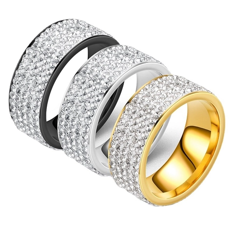Luxurious Stainless Steel Pave Rhinestone Band Ring For Men Women Gold Silver Black Rows Crystal Inlaid Finger Ring Jewelry