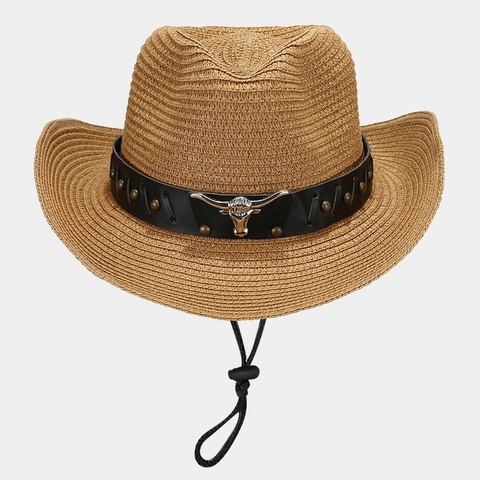Western Cowboy Hat Straw Woven With Metal Bull Head Decor Leather Band Adjustable Wind Rope Wide Brim Sun Protection