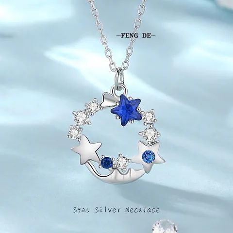 Collar con Colgante de Círculo de Meteorito Azul Cielo Estrellado de Plata de Ley 925 S925 para Mujer Circonia Incrustada Joyería