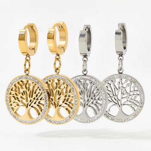 Tree Of Life Hoop Earrings Stainless Steel With Zircon Round Hollow Pendant Vintage Fashion Jewelry For Women