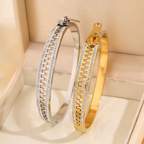 Unique Zipper Design Bangle Stainless Steel Rhinestone Inlaid Fashion Hinged Bracelet For Women Exquisite Jewelry