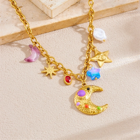 Stainless Steel Necklace Gold Plated Moon Star Sun Face Charms Faux Artificial Pearl Colorful Gemstones Bohemian Celestial Jewelry