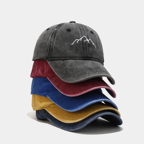 Washed Cotton Baseball Cap Mountain Embroidery Distressed Adjustable Outdoor Sun Hat For Men Women