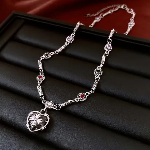 Gothic Heart Cross Pendant Necklace Alloy Rhinestone Retro Silver Color Metal With Colorful Stones Sweet Cool Jewelry