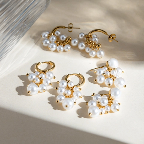 Grape Shape White Imitation Artificial Pearl Cluster Earrings 18K Gold Plated Stainless Steel Waterproof Hypoallergenic For Women