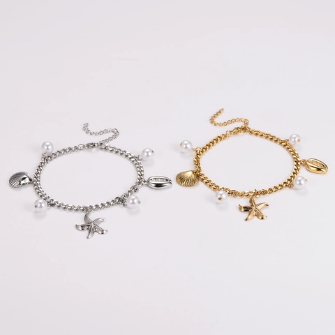 Pulsera De Dijes Temática Del Océano Acero Inoxidable 304 Chapado En Oro 18K Con Perla Artificial Estrella De Mar Concha