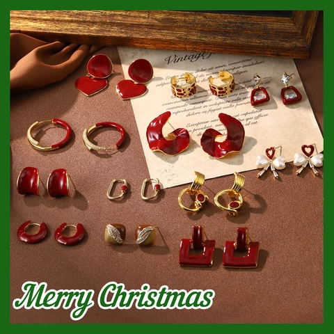 Orecchini A Lobo Geometrici Smalto Rosso Vintage Con 925 Sterling Silver Earring Post Lega Cuore Natale Per Donna