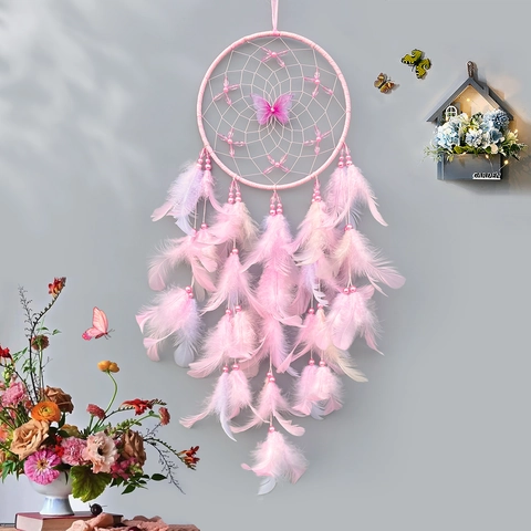 Dream Catcher Handmade Feather Wall Hanging Butterfly Beads Romantic Bohemian Bedroom Home Decor Aesthetic Ornament Gift